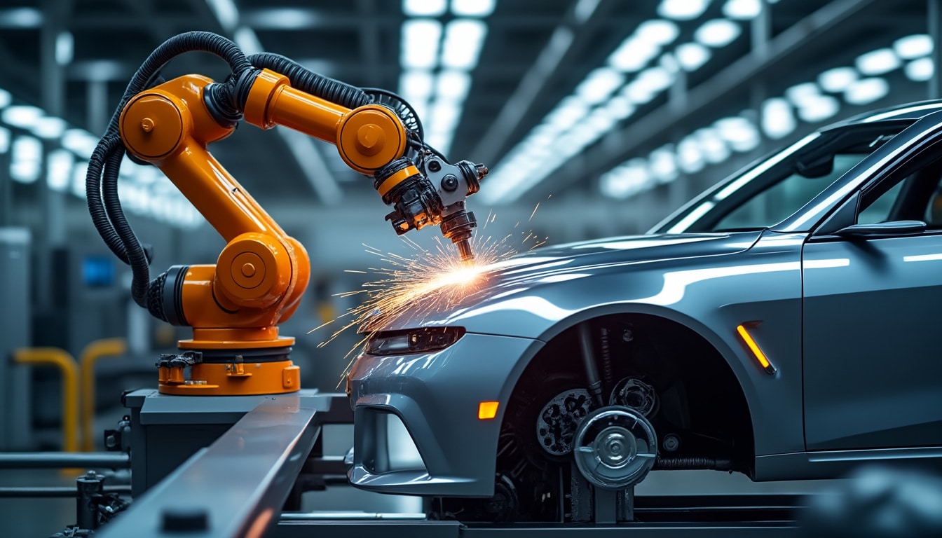 découvrez la soudure automatique de haute précision sur carrosserie, utilisant un bras robotique pour garantir qualité et efficacité optimales dans l'industrie automobile.
